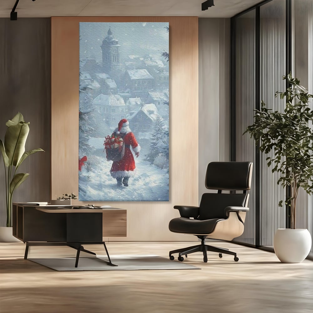 Leinwand Wandbilder Premium, LuxCanva® D1099, Heiligabend, Weihnachtsmann, Sack, Geschenke, Geschenke, Spielzeug, Anzug, Rot, Bart, Weiß, Weiß, Carares, Häuser, Häuser, Schnee, Schnee, Schnee, Freude, Zauber, Kinder, Wohnen, Schlafzimmer