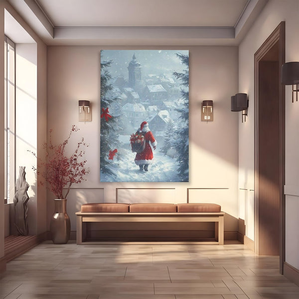 Leinwand Wandbilder Premium, LuxCanva® D1099, Heiligabend, Weihnachtsmann, Sack, Geschenke, Geschenke, Spielzeug, Anzug, Rot, Bart, Weiß, Weiß, Carares, Häuser, Häuser, Schnee, Schnee, Schnee, Freude, Zauber, Kinder, Wohnen, Schlafzimmer