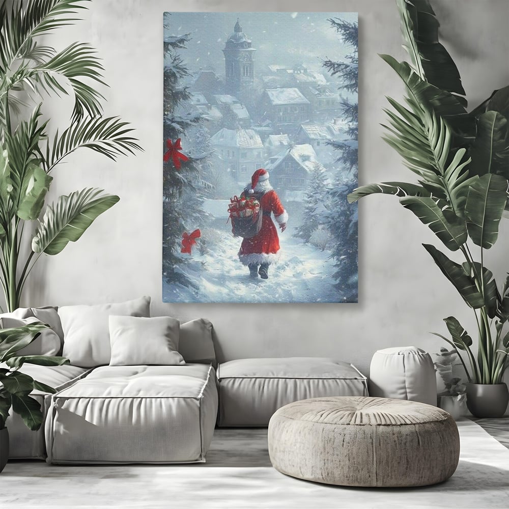 Leinwand Wandbilder Premium, LuxCanva® D1099, Heiligabend, Weihnachtsmann, Sack, Geschenke, Geschenke, Spielzeug, Anzug, Rot, Bart, Weiß, Weiß, Carares, Häuser, Häuser, Schnee, Schnee, Schnee, Freude, Zauber, Kinder, Wohnen, Schlafzimmer