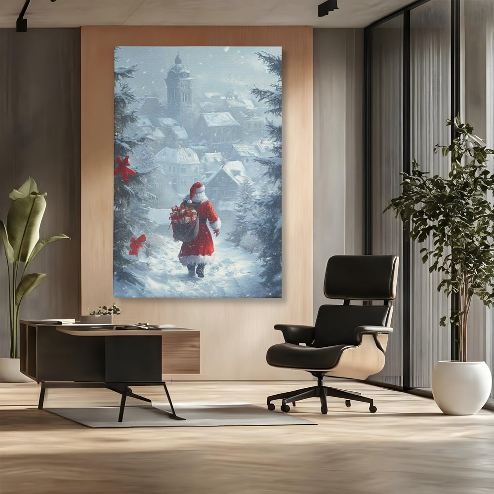 Leinwand Wandbilder Premium, LuxCanva® D1099, Heiligabend, Weihnachtsmann, Sack, Geschenke, Geschenke, Spielzeug, Anzug, Rot, Bart, Weiß, Weiß, Carares, Häuser, Häuser, Schnee, Schnee, Schnee, Freude, Zauber, Kinder, Wohnen, Schlafzimmer