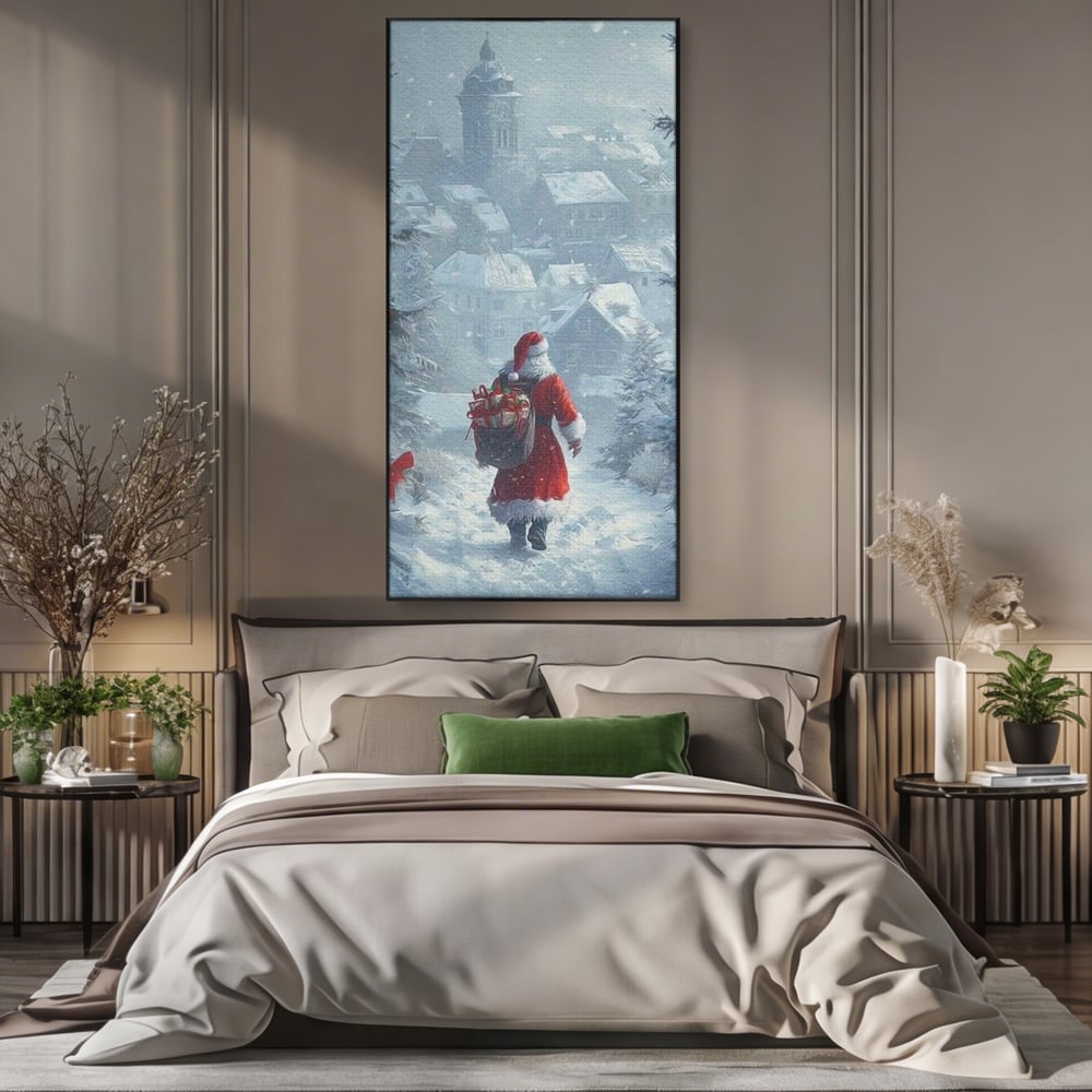 Leinwand Wandbilder Premium, LuxCanva® D1099, Heiligabend, Weihnachtsmann, Sack, Geschenke, Geschenke, Spielzeug, Anzug, Rot, Bart, Weiß, Weiß, Carares, Häuser, Häuser, Schnee, Schnee, Schnee, Freude, Zauber, Kinder, Wohnen, Schlafzimmer