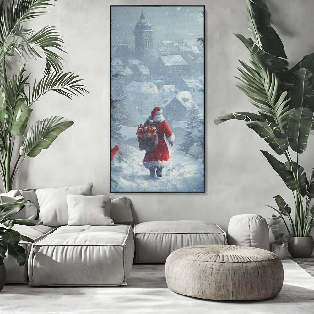 Leinwand Wandbilder Premium, LuxCanva® D1099, Heiligabend, Weihnachtsmann, Sack, Geschenke, Geschenke, Spielzeug, Anzug, Rot, Bart, Weiß, Weiß, Carares, Häuser, Häuser, Schnee, Schnee, Schnee, Freude, Zauber, Kinder, Wohnen, Schlafzimmer