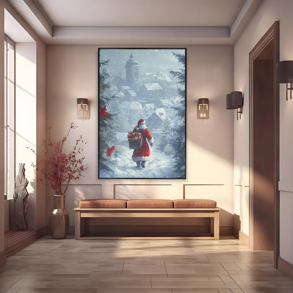 Leinwand Wandbilder Premium, LuxCanva® D1099, Heiligabend, Weihnachtsmann, Sack, Geschenke, Geschenke, Spielzeug, Anzug, Rot, Bart, Weiß, Weiß, Carares, Häuser, Häuser, Schnee, Schnee, Schnee, Freude, Zauber, Kinder, Wohnen, Schlafzimmer