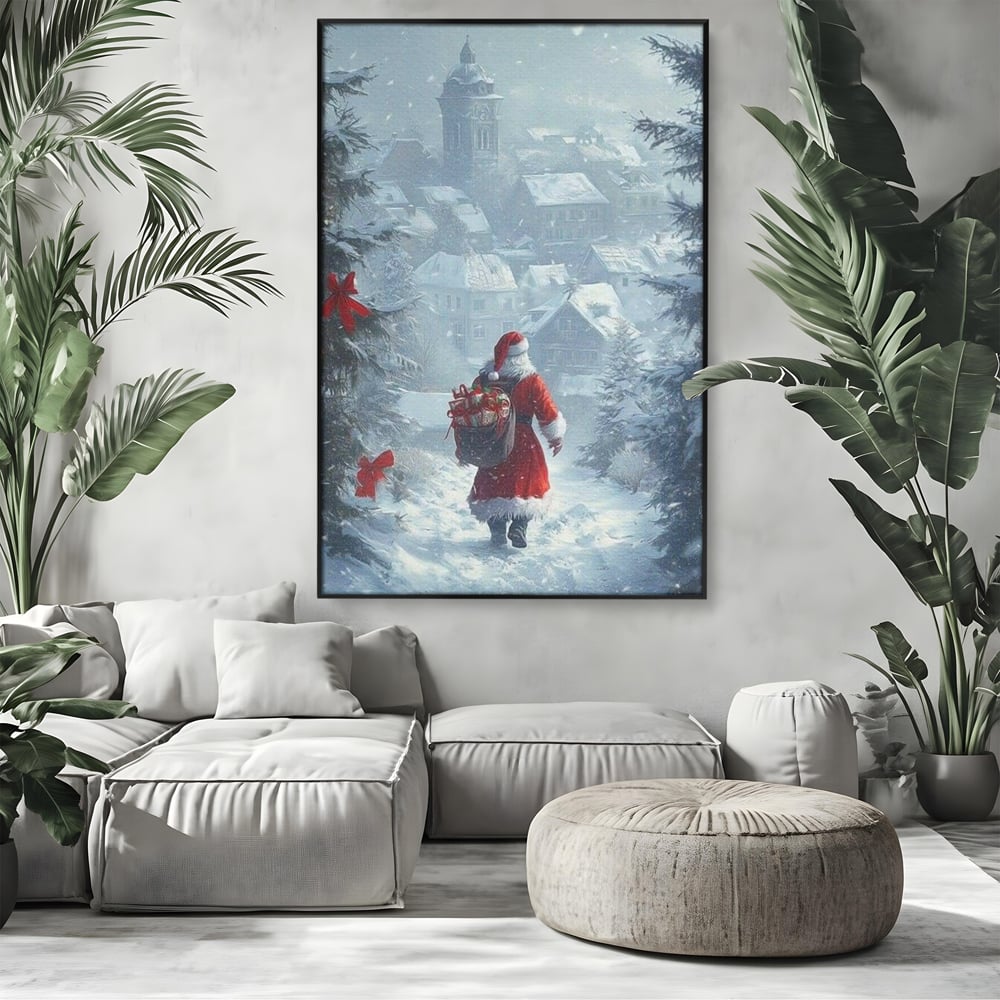 Leinwand Wandbilder Premium, LuxCanva® D1099, Heiligabend, Weihnachtsmann, Sack, Geschenke, Geschenke, Spielzeug, Anzug, Rot, Bart, Weiß, Weiß, Carares, Häuser, Häuser, Schnee, Schnee, Schnee, Freude, Zauber, Kinder, Wohnen, Schlafzimmer