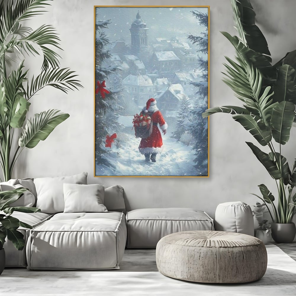 Leinwand Wandbilder Premium, LuxCanva® D1099, Heiligabend, Weihnachtsmann, Sack, Geschenke, Geschenke, Spielzeug, Anzug, Rot, Bart, Weiß, Weiß, Carares, Häuser, Häuser, Schnee, Schnee, Schnee, Freude, Zauber, Kinder, Wohnen, Schlafzimmer