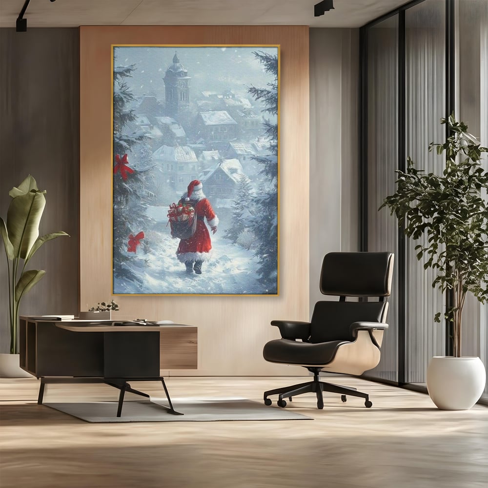 Leinwand Wandbilder Premium, LuxCanva® D1099, Heiligabend, Weihnachtsmann, Sack, Geschenke, Geschenke, Spielzeug, Anzug, Rot, Bart, Weiß, Weiß, Carares, Häuser, Häuser, Schnee, Schnee, Schnee, Freude, Zauber, Kinder, Wohnen, Schlafzimmer
