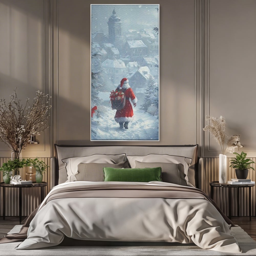 Leinwand Wandbilder Premium, LuxCanva® D1099, Heiligabend, Weihnachtsmann, Sack, Geschenke, Geschenke, Spielzeug, Anzug, Rot, Bart, Weiß, Weiß, Carares, Häuser, Häuser, Schnee, Schnee, Schnee, Freude, Zauber, Kinder, Wohnen, Schlafzimmer