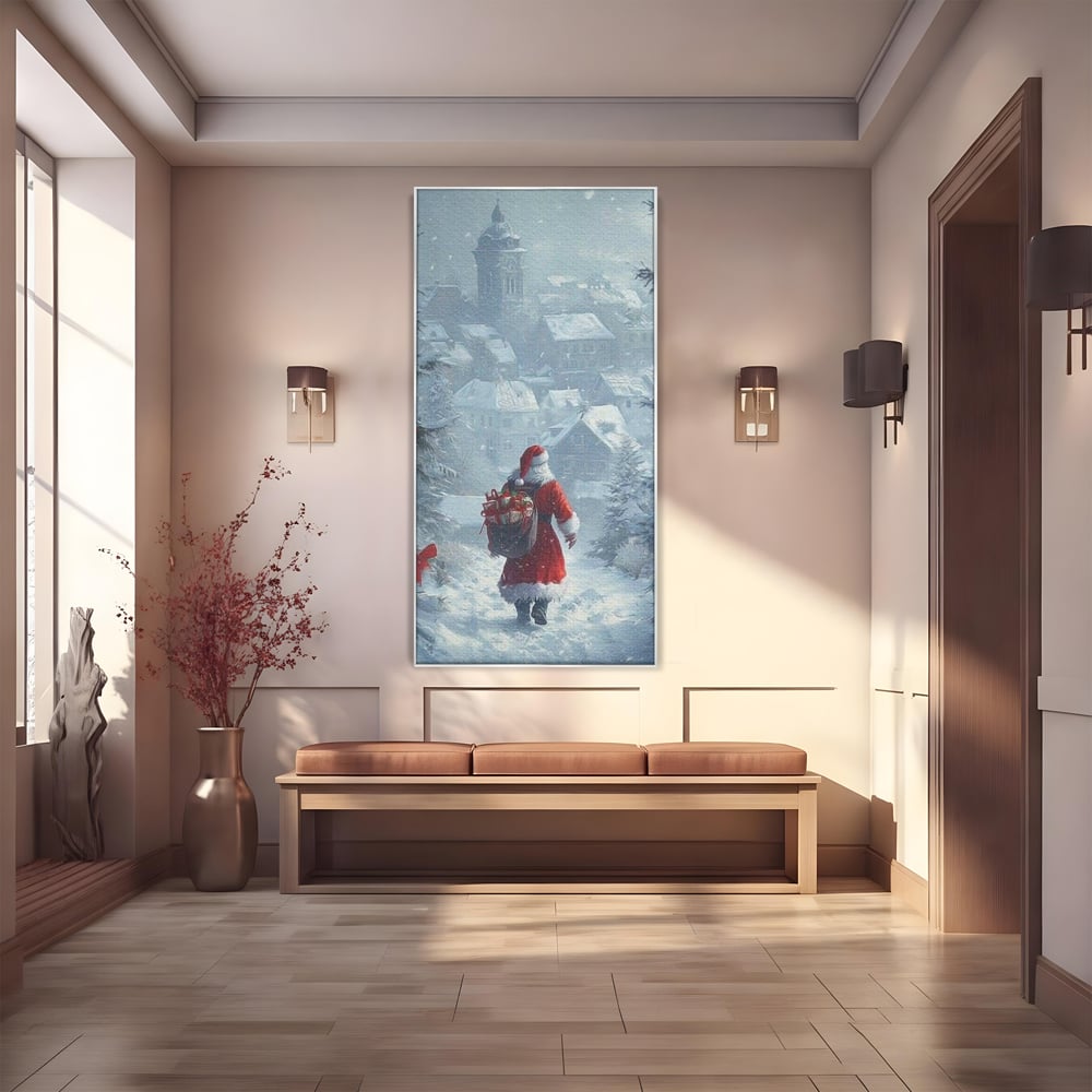 Leinwand Wandbilder Premium, LuxCanva® D1099, Heiligabend, Weihnachtsmann, Sack, Geschenke, Geschenke, Spielzeug, Anzug, Rot, Bart, Weiß, Weiß, Carares, Häuser, Häuser, Schnee, Schnee, Schnee, Freude, Zauber, Kinder, Wohnen, Schlafzimmer