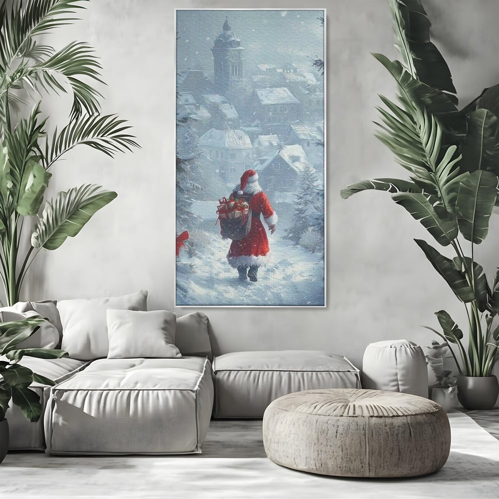 Leinwand Wandbilder Premium, LuxCanva® D1099, Heiligabend, Weihnachtsmann, Sack, Geschenke, Geschenke, Spielzeug, Anzug, Rot, Bart, Weiß, Weiß, Carares, Häuser, Häuser, Schnee, Schnee, Schnee, Freude, Zauber, Kinder, Wohnen, Schlafzimmer