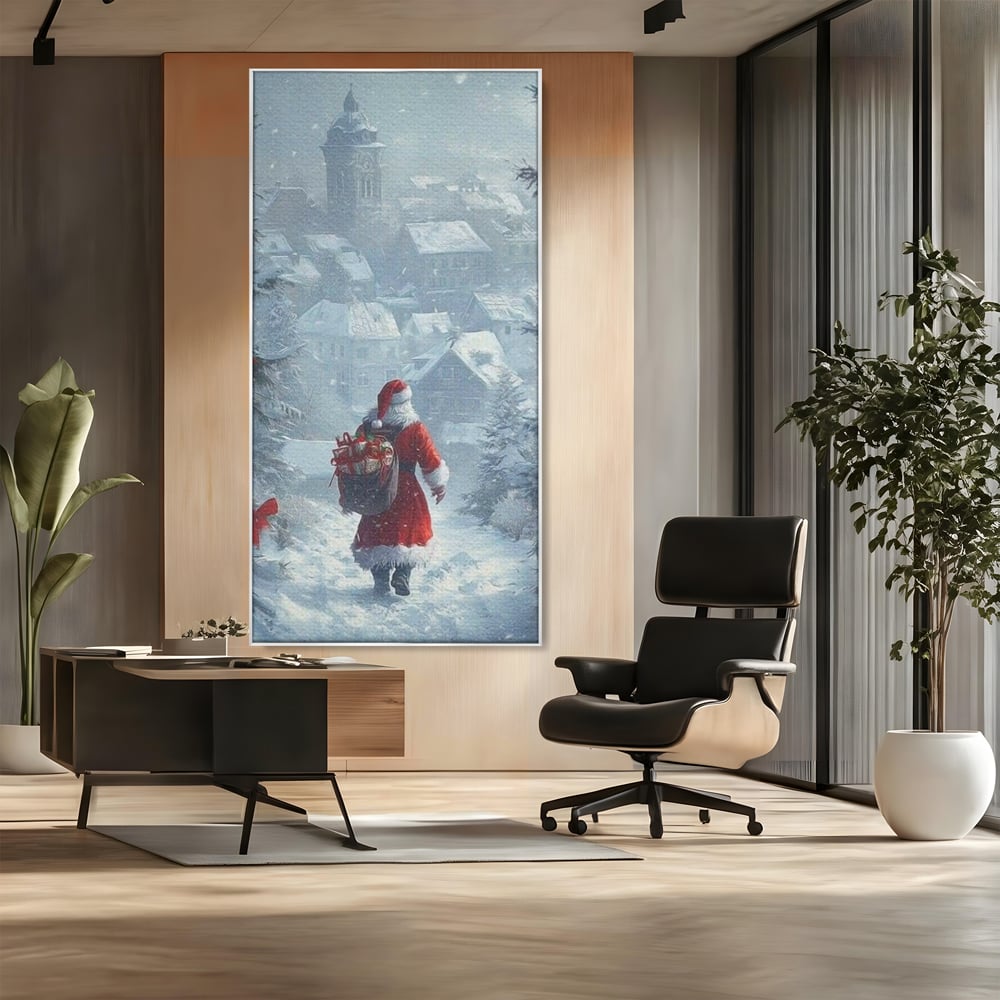 Leinwand Wandbilder Premium, LuxCanva® D1099, Heiligabend, Weihnachtsmann, Sack, Geschenke, Geschenke, Spielzeug, Anzug, Rot, Bart, Weiß, Weiß, Carares, Häuser, Häuser, Schnee, Schnee, Schnee, Freude, Zauber, Kinder, Wohnen, Schlafzimmer