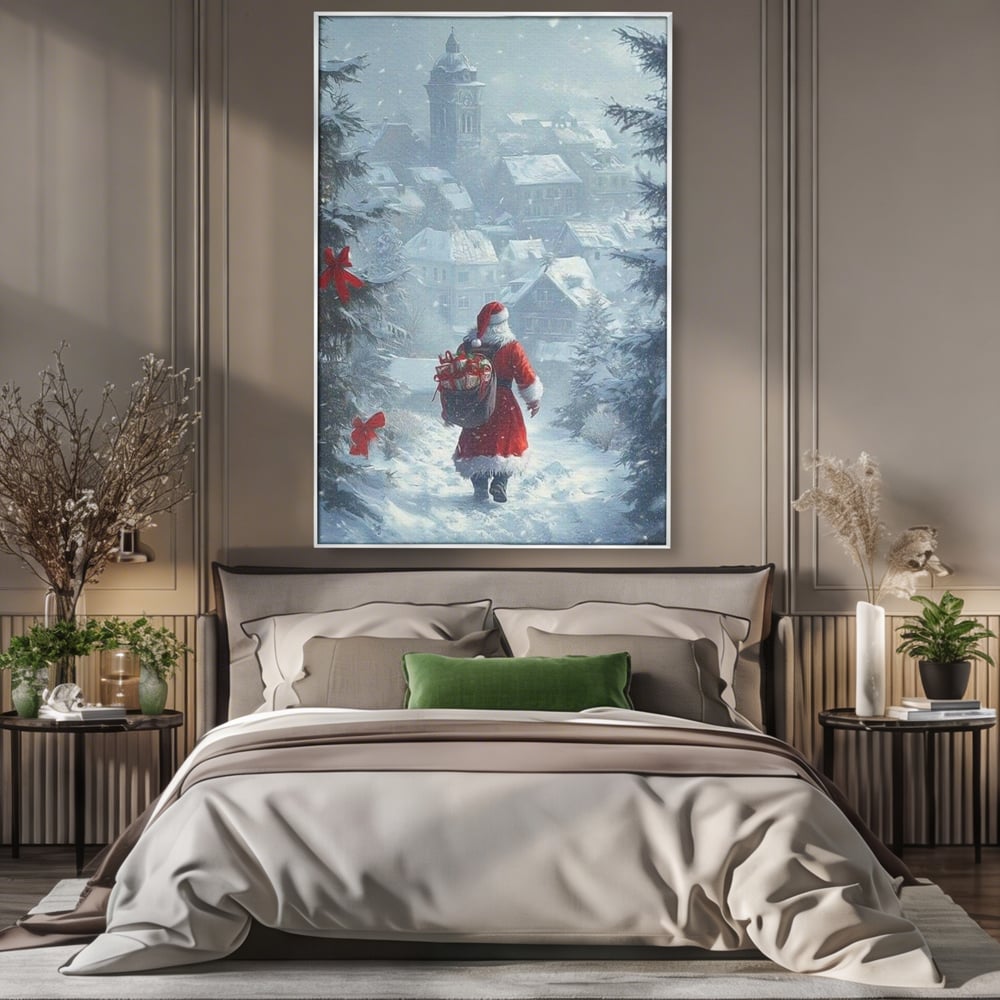 Leinwand Wandbilder Premium, LuxCanva® D1099, Heiligabend, Weihnachtsmann, Sack, Geschenke, Geschenke, Spielzeug, Anzug, Rot, Bart, Weiß, Weiß, Carares, Häuser, Häuser, Schnee, Schnee, Schnee, Freude, Zauber, Kinder, Wohnen, Schlafzimmer