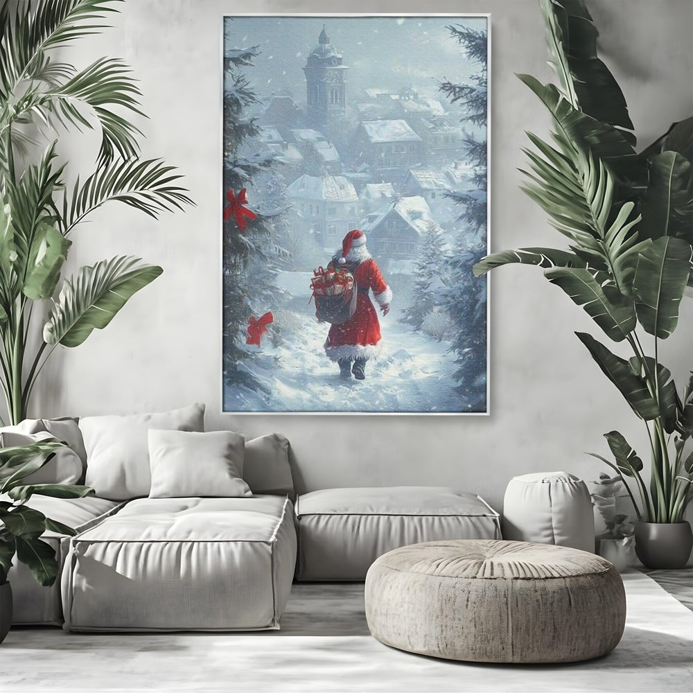 Leinwand Wandbilder Premium, LuxCanva® D1099, Heiligabend, Weihnachtsmann, Sack, Geschenke, Geschenke, Spielzeug, Anzug, Rot, Bart, Weiß, Weiß, Carares, Häuser, Häuser, Schnee, Schnee, Schnee, Freude, Zauber, Kinder, Wohnen, Schlafzimmer