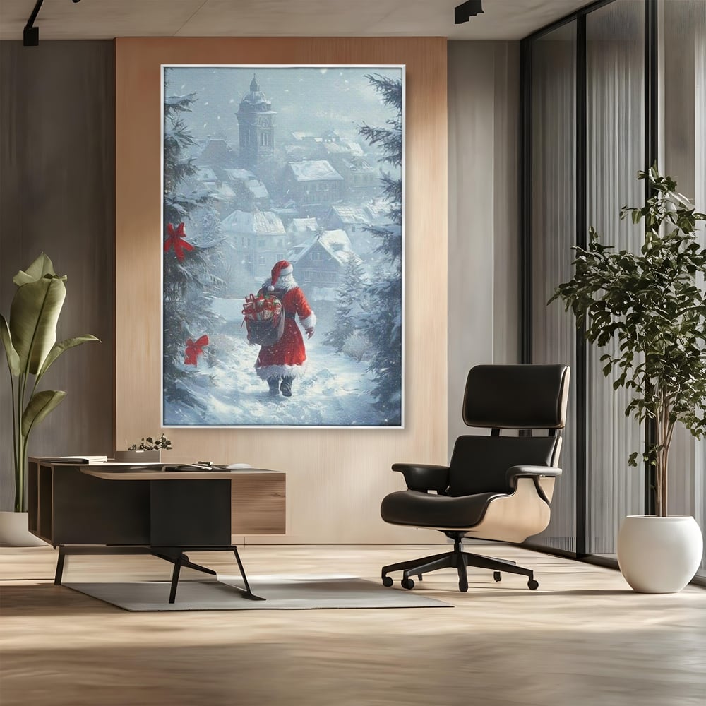 Leinwand Wandbilder Premium, LuxCanva® D1099, Heiligabend, Weihnachtsmann, Sack, Geschenke, Geschenke, Spielzeug, Anzug, Rot, Bart, Weiß, Weiß, Carares, Häuser, Häuser, Schnee, Schnee, Schnee, Freude, Zauber, Kinder, Wohnen, Schlafzimmer