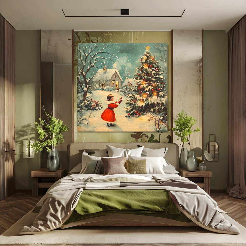 Tablou Canvas Premium, LuxCanva® D1100, Sub Steaua Craciunului, Speranta, Stele, Familie, Fetita, Impodobire, Ajun, Craciun, Miracol, Asteptare, Vis, Copilarie, Amintiri, Living, Dormitor