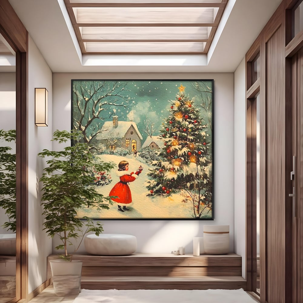 Tablou Canvas Premium, LuxCanva® D1100, Sub Steaua Craciunului, Speranta, Stele, Familie, Fetita, Impodobire, Ajun, Craciun, Miracol, Asteptare, Vis, Copilarie, Amintiri, Living, Dormitor