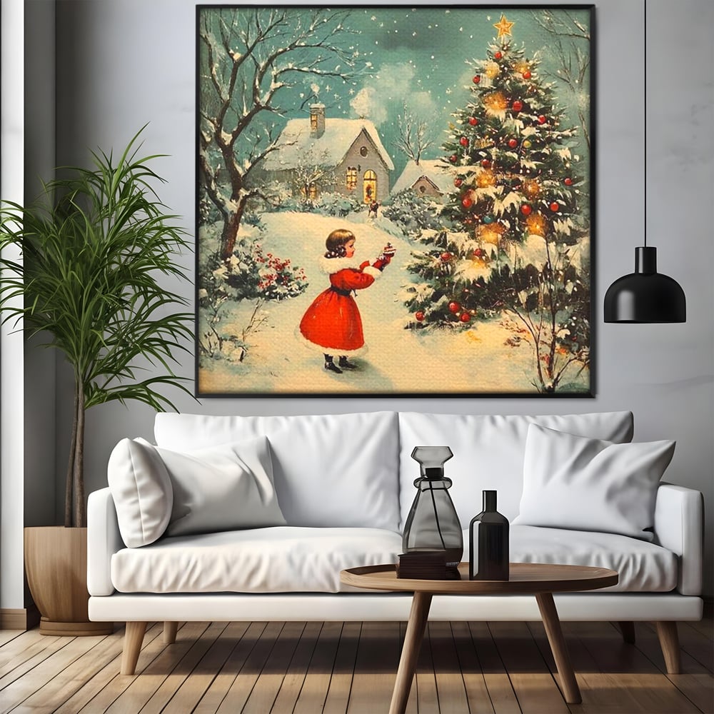 Tablou Canvas Premium, LuxCanva® D1100, Sub Steaua Craciunului, Speranta, Stele, Familie, Fetita, Impodobire, Ajun, Craciun, Miracol, Asteptare, Vis, Copilarie, Amintiri, Living, Dormitor