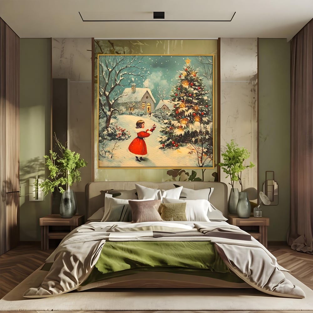 Tablou Canvas Premium, LuxCanva® D1100, Sub Steaua Craciunului, Speranta, Stele, Familie, Fetita, Impodobire, Ajun, Craciun, Miracol, Asteptare, Vis, Copilarie, Amintiri, Living, Dormitor