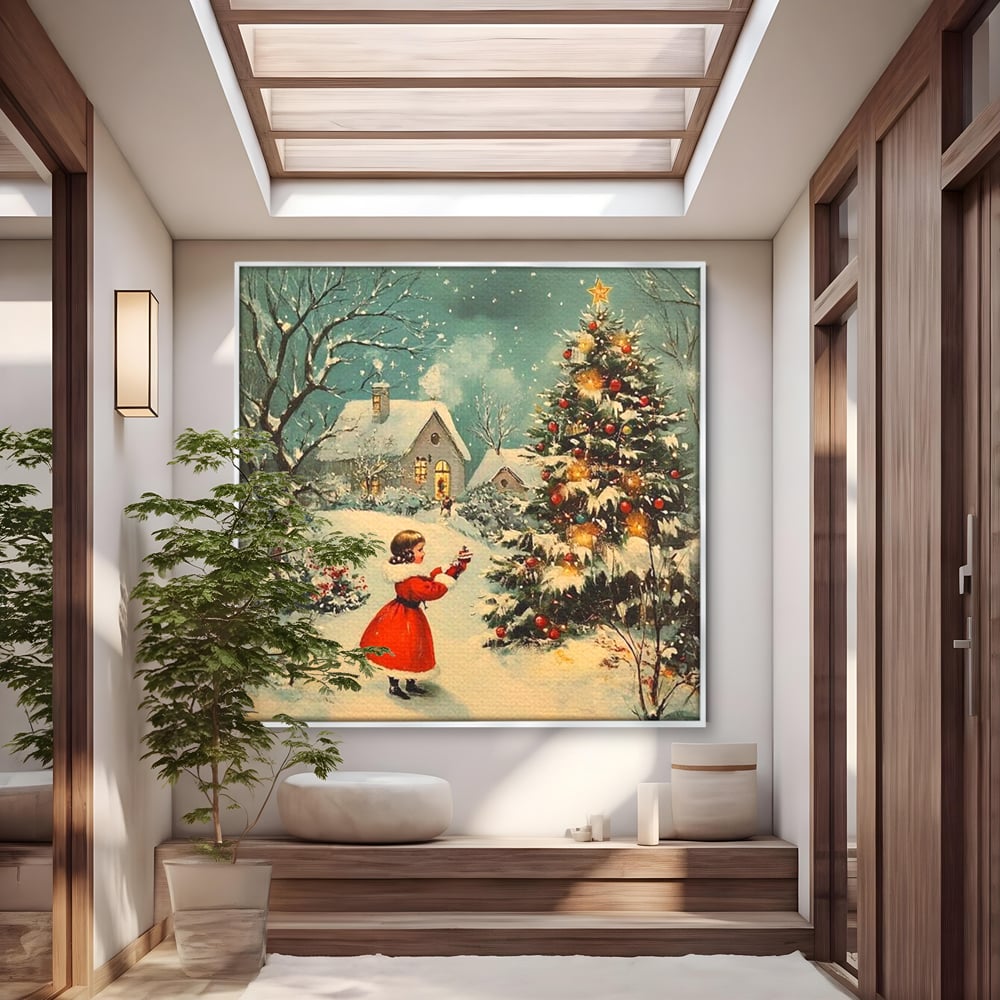 Tablou Canvas Premium, LuxCanva® D1100, Sub Steaua Craciunului, Speranta, Stele, Familie, Fetita, Impodobire, Ajun, Craciun, Miracol, Asteptare, Vis, Copilarie, Amintiri, Living, Dormitor