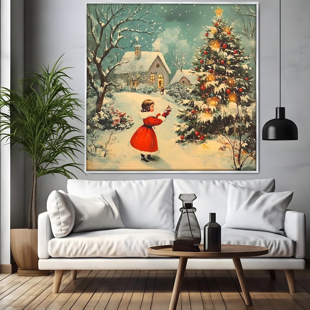 Tablou Canvas Premium, LuxCanva® D1100, Sub Steaua Craciunului, Speranta, Stele, Familie, Fetita, Impodobire, Ajun, Craciun, Miracol, Asteptare, Vis, Copilarie, Amintiri, Living, Dormitor