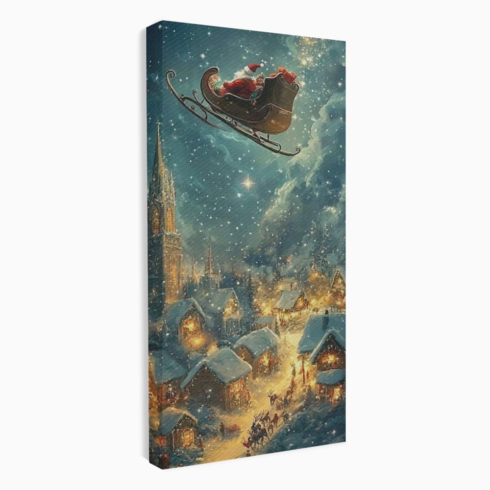 Leinwand Wandkunst Canvas Premium, LuxCanva® D1101, Heiligabend Flug, Traum, Hoffnung, Himmel, Sternenhimmel, Schlitten, Schlitten, Rentier, Geschenk, Geschenktüte, Spielzeug, Stadt, Reise, Schlaf, Morgen, Heiligabend, Wohnen, Schlafzimmer