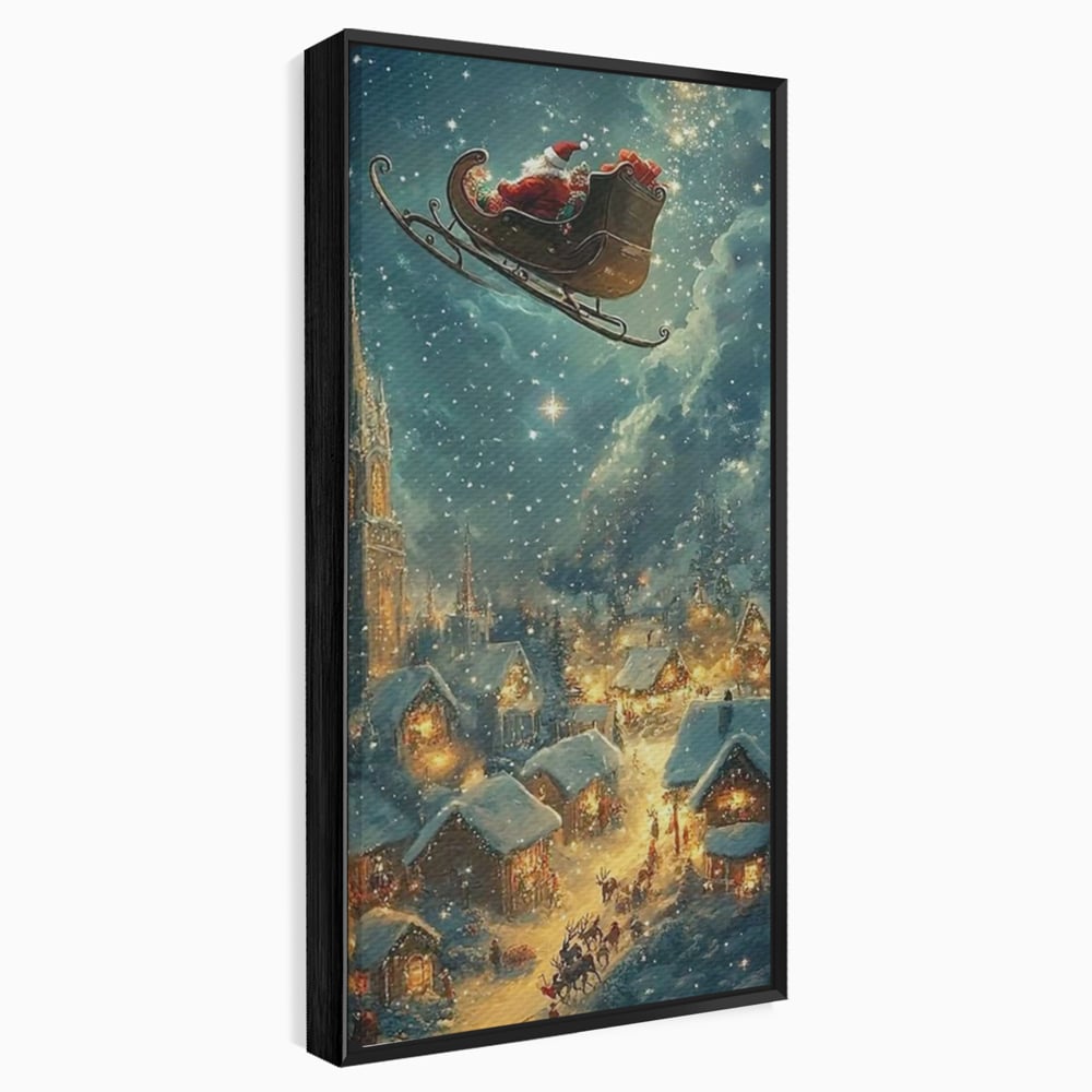 Leinwand Wandkunst Canvas Premium, LuxCanva® D1101, Heiligabend Flug, Traum, Hoffnung, Himmel, Sternenhimmel, Schlitten, Schlitten, Rentier, Geschenk, Geschenktüte, Spielzeug, Stadt, Reise, Schlaf, Morgen, Heiligabend, Wohnen, Schlafzimmer