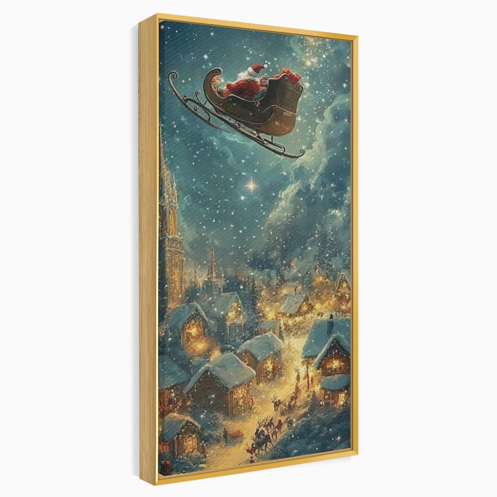 Leinwand Wandkunst Canvas Premium, LuxCanva® D1101, Heiligabend Flug, Traum, Hoffnung, Himmel, Sternenhimmel, Schlitten, Schlitten, Rentier, Geschenk, Geschenktüte, Spielzeug, Stadt, Reise, Schlaf, Morgen, Heiligabend, Wohnen, Schlafzimmer