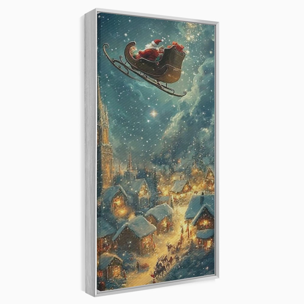 Leinwand Wandkunst Canvas Premium, LuxCanva® D1101, Heiligabend Flug, Traum, Hoffnung, Himmel, Sternenhimmel, Schlitten, Schlitten, Rentier, Geschenk, Geschenktüte, Spielzeug, Stadt, Reise, Schlaf, Morgen, Heiligabend, Wohnen, Schlafzimmer