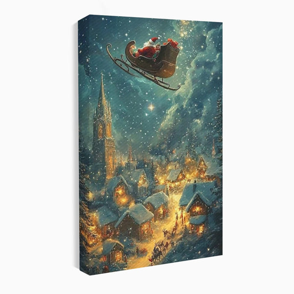 Leinwand Wandkunst Canvas Premium, LuxCanva® D1101, Heiligabend Flug, Traum, Hoffnung, Himmel, Sternenhimmel, Schlitten, Schlitten, Rentier, Geschenk, Geschenktüte, Spielzeug, Stadt, Reise, Schlaf, Morgen, Heiligabend, Wohnen, Schlafzimmer