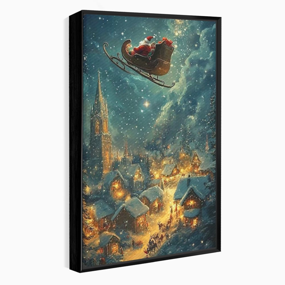 Leinwand Wandkunst Canvas Premium, LuxCanva® D1101, Heiligabend Flug, Traum, Hoffnung, Himmel, Sternenhimmel, Schlitten, Schlitten, Rentier, Geschenk, Geschenktüte, Spielzeug, Stadt, Reise, Schlaf, Morgen, Heiligabend, Wohnen, Schlafzimmer