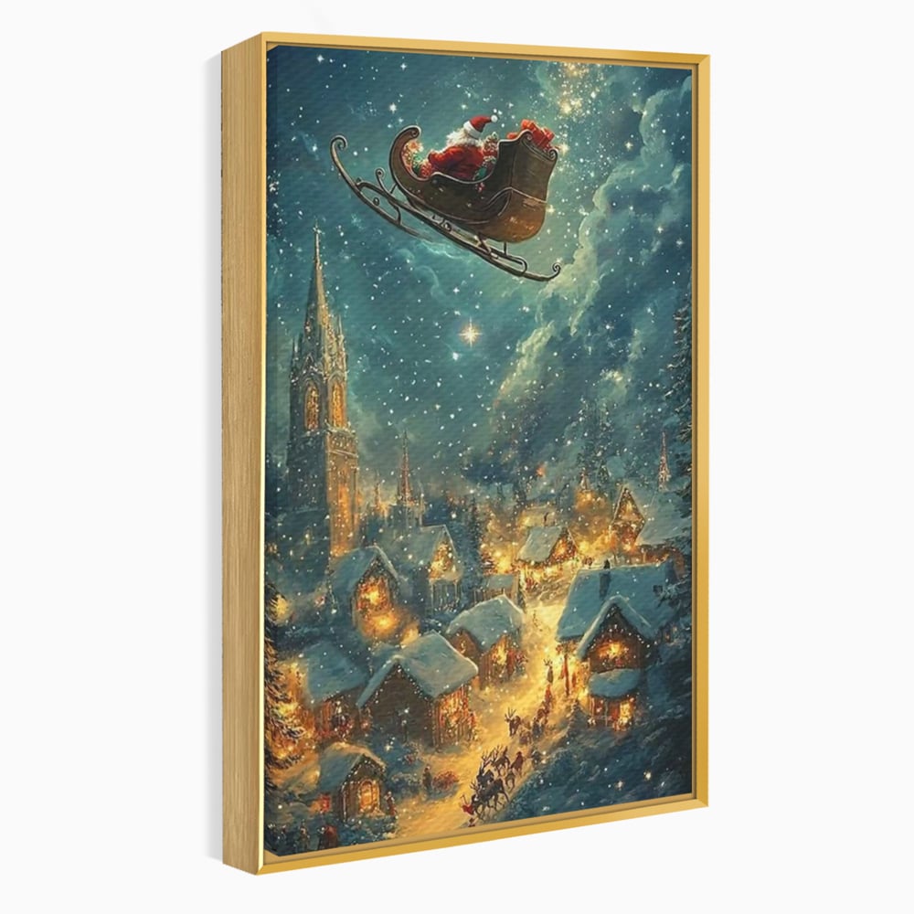 Leinwand Wandkunst Canvas Premium, LuxCanva® D1101, Heiligabend Flug, Traum, Hoffnung, Himmel, Sternenhimmel, Schlitten, Schlitten, Rentier, Geschenk, Geschenktüte, Spielzeug, Stadt, Reise, Schlaf, Morgen, Heiligabend, Wohnen, Schlafzimmer