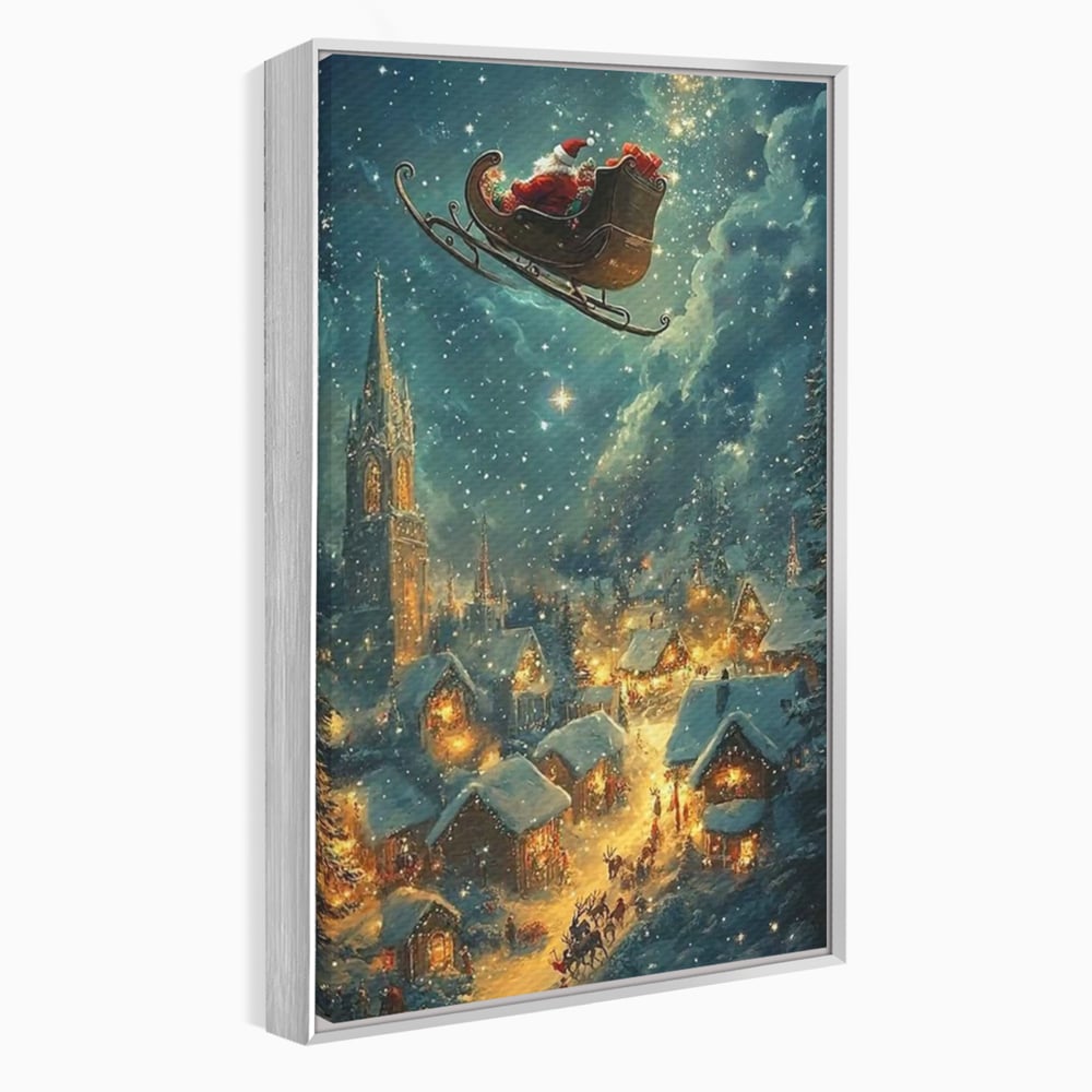 Leinwand Wandkunst Canvas Premium, LuxCanva® D1101, Heiligabend Flug, Traum, Hoffnung, Himmel, Sternenhimmel, Schlitten, Schlitten, Rentier, Geschenk, Geschenktüte, Spielzeug, Stadt, Reise, Schlaf, Morgen, Heiligabend, Wohnen, Schlafzimmer