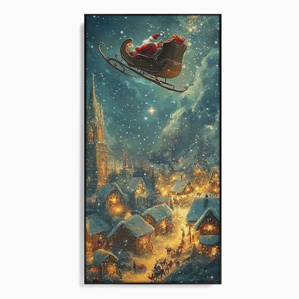 Leinwand Wandkunst Canvas Premium, LuxCanva® D1101, Heiligabend Flug, Traum, Hoffnung, Himmel, Sternenhimmel, Schlitten, Schlitten, Rentier, Geschenk, Geschenktüte, Spielzeug, Stadt, Reise, Schlaf, Morgen, Heiligabend, Wohnen, Schlafzimmer