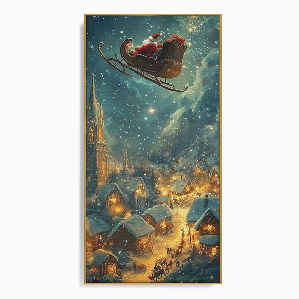 Leinwand Wandkunst Canvas Premium, LuxCanva® D1101, Heiligabend Flug, Traum, Hoffnung, Himmel, Sternenhimmel, Schlitten, Schlitten, Rentier, Geschenk, Geschenktüte, Spielzeug, Stadt, Reise, Schlaf, Morgen, Heiligabend, Wohnen, Schlafzimmer