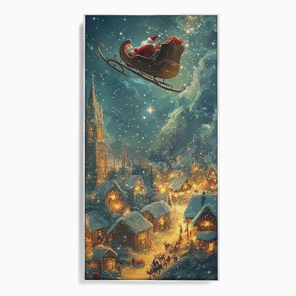 Leinwand Wandkunst Canvas Premium, LuxCanva® D1101, Heiligabend Flug, Traum, Hoffnung, Himmel, Sternenhimmel, Schlitten, Schlitten, Rentier, Geschenk, Geschenktüte, Spielzeug, Stadt, Reise, Schlaf, Morgen, Heiligabend, Wohnen, Schlafzimmer