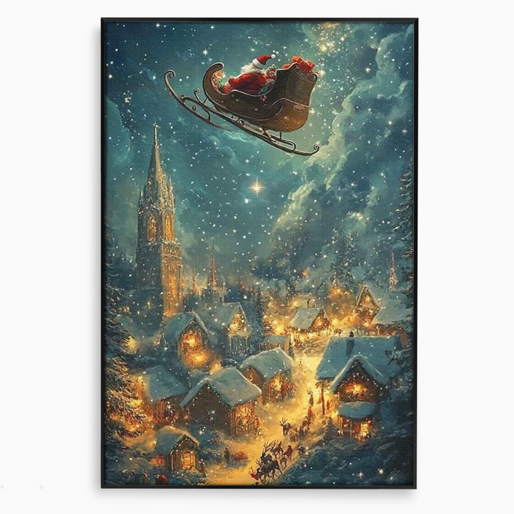 Leinwand Wandkunst Canvas Premium, LuxCanva® D1101, Heiligabend Flug, Traum, Hoffnung, Himmel, Sternenhimmel, Schlitten, Schlitten, Rentier, Geschenk, Geschenktüte, Spielzeug, Stadt, Reise, Schlaf, Morgen, Heiligabend, Wohnen, Schlafzimmer