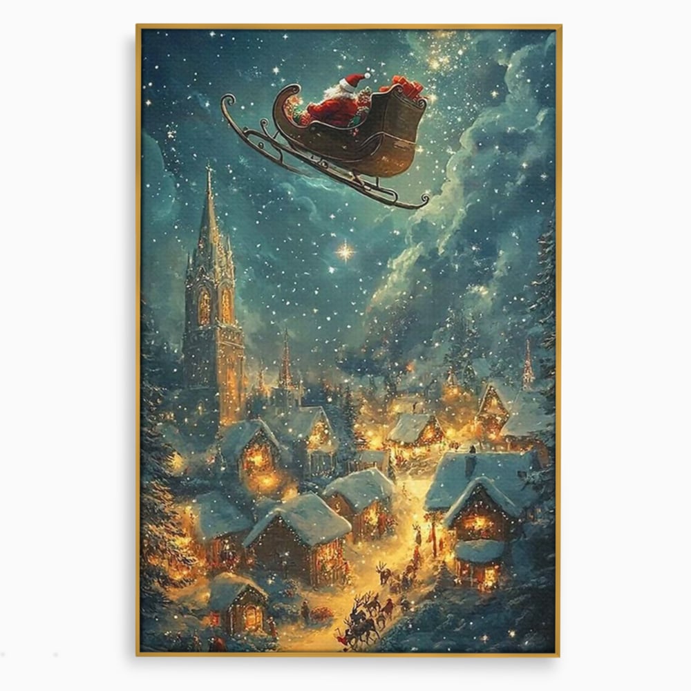 Leinwand Wandkunst Canvas Premium, LuxCanva® D1101, Heiligabend Flug, Traum, Hoffnung, Himmel, Sternenhimmel, Schlitten, Schlitten, Rentier, Geschenk, Geschenktüte, Spielzeug, Stadt, Reise, Schlaf, Morgen, Heiligabend, Wohnen, Schlafzimmer