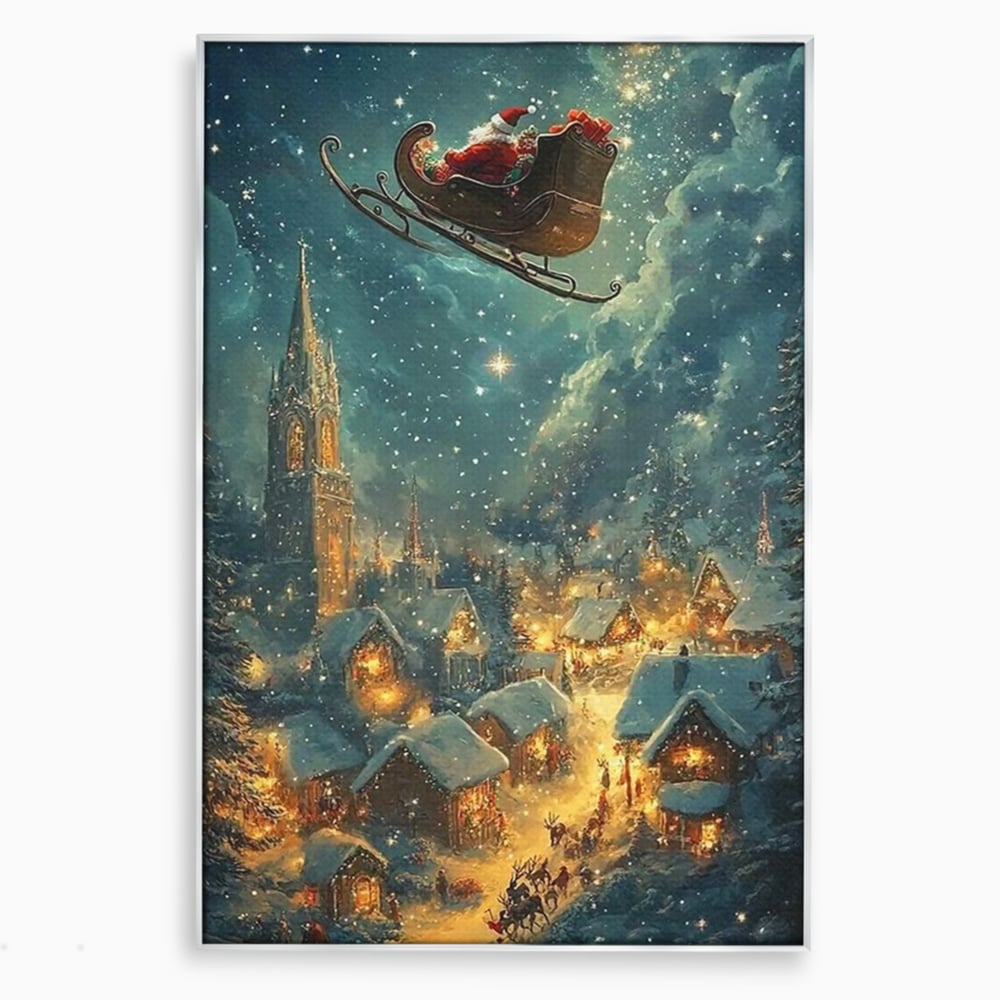 Leinwand Wandkunst Canvas Premium, LuxCanva® D1101, Heiligabend Flug, Traum, Hoffnung, Himmel, Sternenhimmel, Schlitten, Schlitten, Rentier, Geschenk, Geschenktüte, Spielzeug, Stadt, Reise, Schlaf, Morgen, Heiligabend, Wohnen, Schlafzimmer