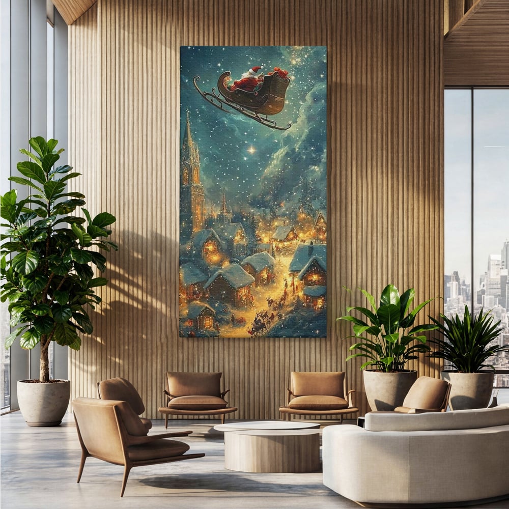 Leinwand Wandkunst Canvas Premium, LuxCanva® D1101, Heiligabend Flug, Traum, Hoffnung, Himmel, Sternenhimmel, Schlitten, Schlitten, Rentier, Geschenk, Geschenktüte, Spielzeug, Stadt, Reise, Schlaf, Morgen, Heiligabend, Wohnen, Schlafzimmer