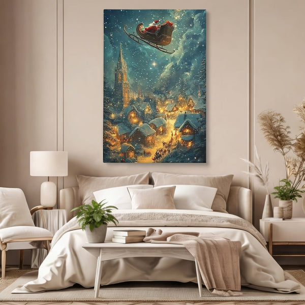Leinwand Wandkunst Canvas Premium, LuxCanva® D1101, Heiligabend Flug, Traum, Hoffnung, Himmel, Sternenhimmel, Schlitten, Schlitten, Rentier, Geschenk, Geschenktüte, Spielzeug, Stadt, Reise, Schlaf, Morgen, Heiligabend, Wohnen, Schlafzimmer