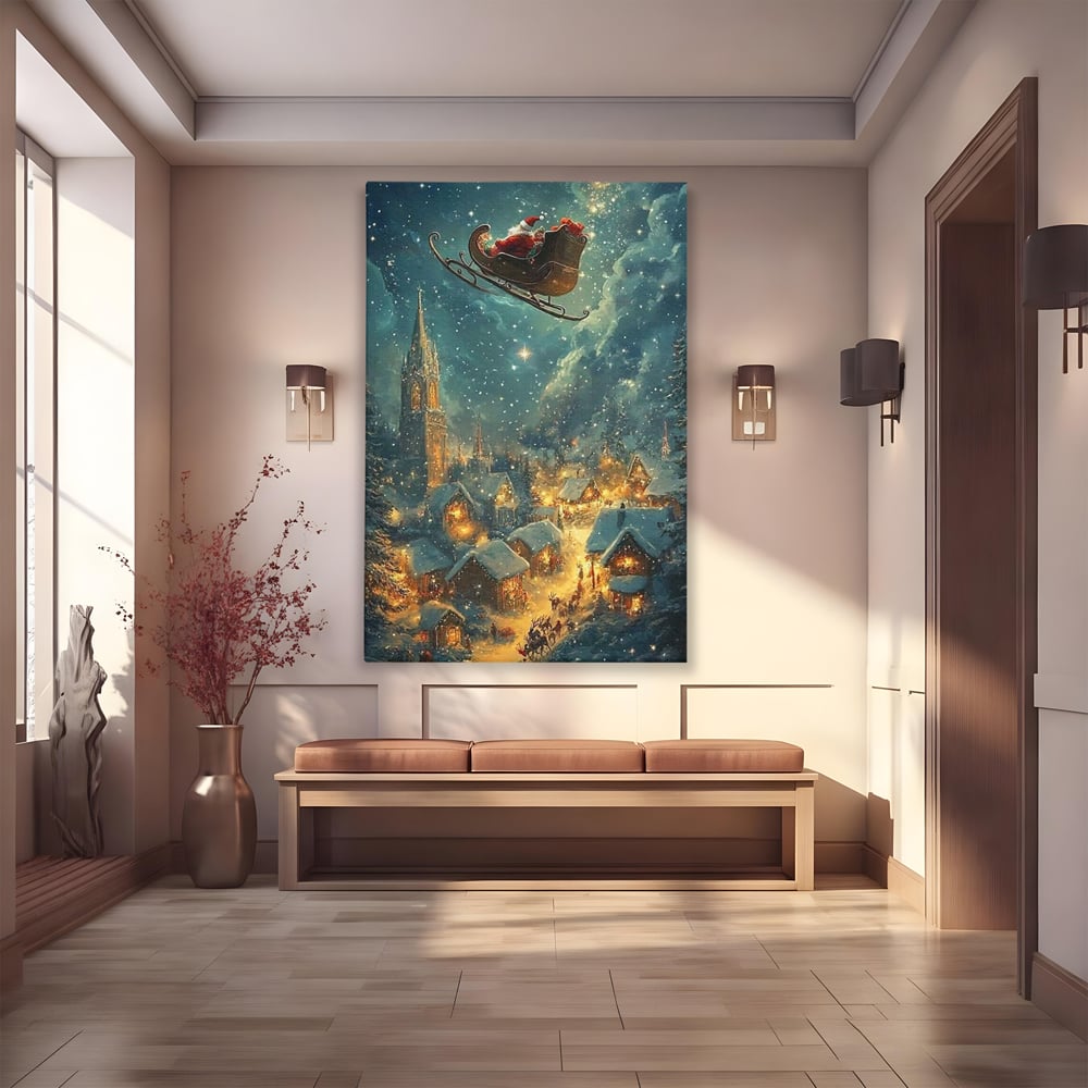 Leinwand Wandkunst Canvas Premium, LuxCanva® D1101, Heiligabend Flug, Traum, Hoffnung, Himmel, Sternenhimmel, Schlitten, Schlitten, Rentier, Geschenk, Geschenktüte, Spielzeug, Stadt, Reise, Schlaf, Morgen, Heiligabend, Wohnen, Schlafzimmer