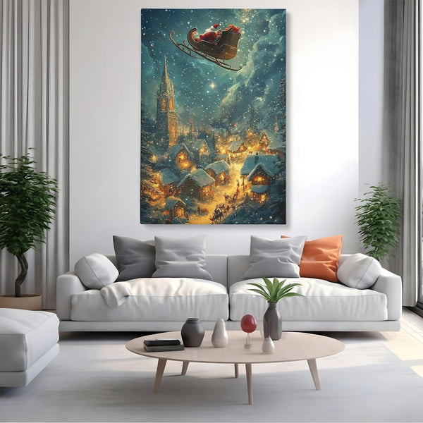 Leinwand Wandkunst Canvas Premium, LuxCanva® D1101, Heiligabend Flug, Traum, Hoffnung, Himmel, Sternenhimmel, Schlitten, Schlitten, Rentier, Geschenk, Geschenktüte, Spielzeug, Stadt, Reise, Schlaf, Morgen, Heiligabend, Wohnen, Schlafzimmer