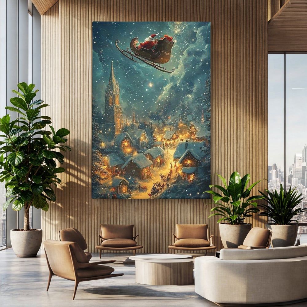 Leinwand Wandkunst Canvas Premium, LuxCanva® D1101, Heiligabend Flug, Traum, Hoffnung, Himmel, Sternenhimmel, Schlitten, Schlitten, Rentier, Geschenk, Geschenktüte, Spielzeug, Stadt, Reise, Schlaf, Morgen, Heiligabend, Wohnen, Schlafzimmer