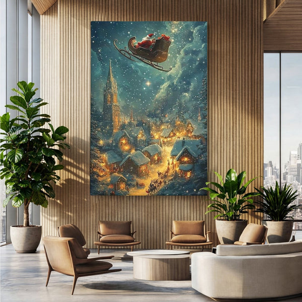 Leinwand Wandkunst Canvas Premium, LuxCanva® D1101, Heiligabend Flug, Traum, Hoffnung, Himmel, Sternenhimmel, Schlitten, Schlitten, Rentier, Geschenk, Geschenktüte, Spielzeug, Stadt, Reise, Schlaf, Morgen, Heiligabend, Wohnen, Schlafzimmer