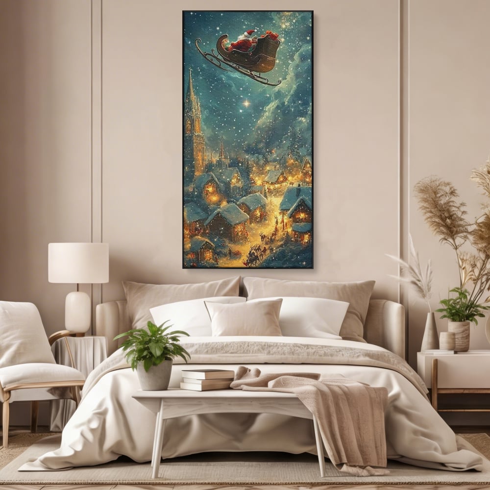 Leinwand Wandkunst Canvas Premium, LuxCanva® D1101, Heiligabend Flug, Traum, Hoffnung, Himmel, Sternenhimmel, Schlitten, Schlitten, Rentier, Geschenk, Geschenktüte, Spielzeug, Stadt, Reise, Schlaf, Morgen, Heiligabend, Wohnen, Schlafzimmer