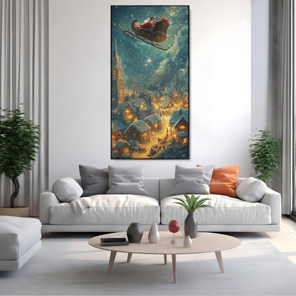 Leinwand Wandkunst Canvas Premium, LuxCanva® D1101, Heiligabend Flug, Traum, Hoffnung, Himmel, Sternenhimmel, Schlitten, Schlitten, Rentier, Geschenk, Geschenktüte, Spielzeug, Stadt, Reise, Schlaf, Morgen, Heiligabend, Wohnen, Schlafzimmer