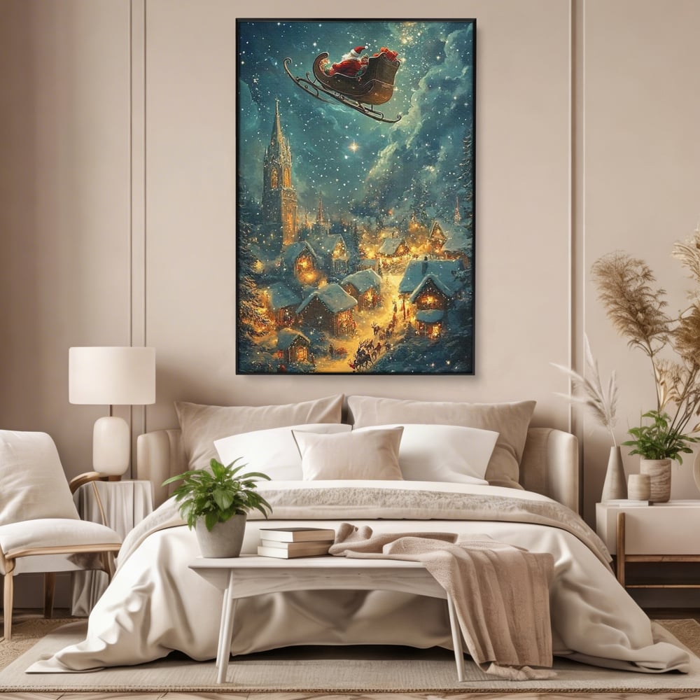 Leinwand Wandkunst Canvas Premium, LuxCanva® D1101, Heiligabend Flug, Traum, Hoffnung, Himmel, Sternenhimmel, Schlitten, Schlitten, Rentier, Geschenk, Geschenktüte, Spielzeug, Stadt, Reise, Schlaf, Morgen, Heiligabend, Wohnen, Schlafzimmer