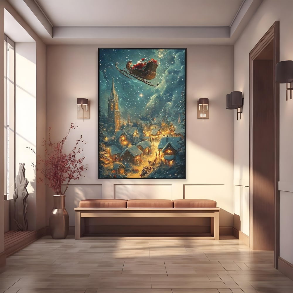 Leinwand Wandkunst Canvas Premium, LuxCanva® D1101, Heiligabend Flug, Traum, Hoffnung, Himmel, Sternenhimmel, Schlitten, Schlitten, Rentier, Geschenk, Geschenktüte, Spielzeug, Stadt, Reise, Schlaf, Morgen, Heiligabend, Wohnen, Schlafzimmer