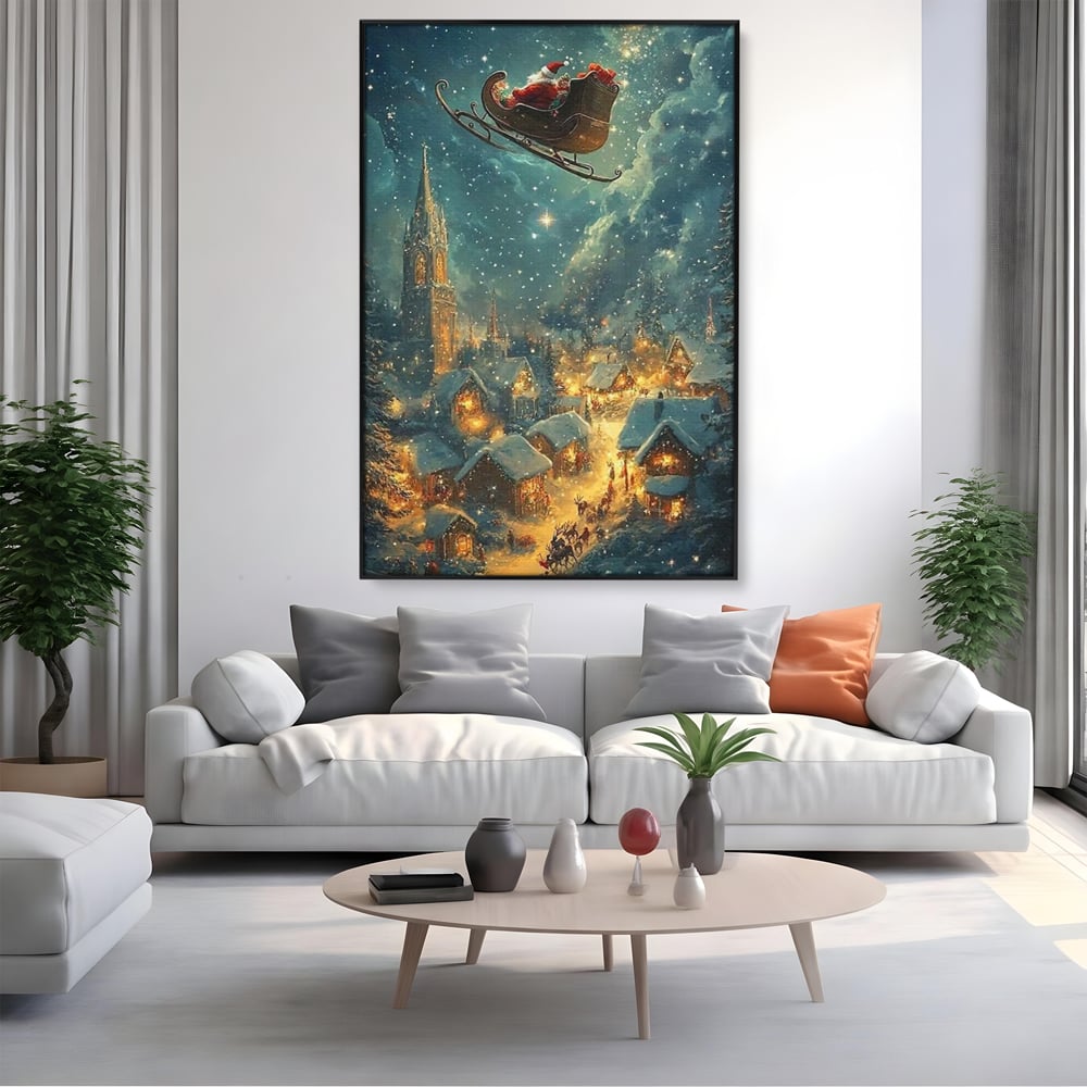 Leinwand Wandkunst Canvas Premium, LuxCanva® D1101, Heiligabend Flug, Traum, Hoffnung, Himmel, Sternenhimmel, Schlitten, Schlitten, Rentier, Geschenk, Geschenktüte, Spielzeug, Stadt, Reise, Schlaf, Morgen, Heiligabend, Wohnen, Schlafzimmer