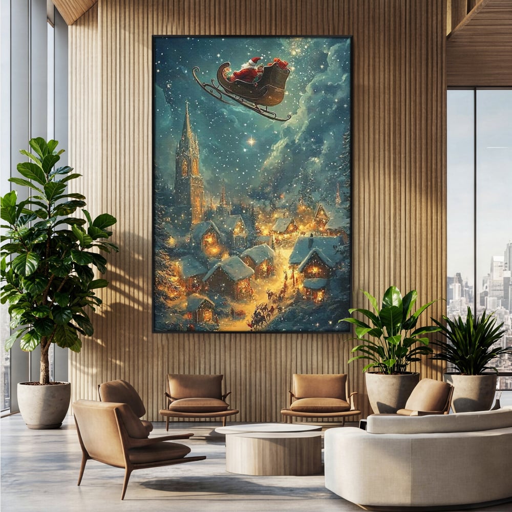 Leinwand Wandkunst Canvas Premium, LuxCanva® D1101, Heiligabend Flug, Traum, Hoffnung, Himmel, Sternenhimmel, Schlitten, Schlitten, Rentier, Geschenk, Geschenktüte, Spielzeug, Stadt, Reise, Schlaf, Morgen, Heiligabend, Wohnen, Schlafzimmer