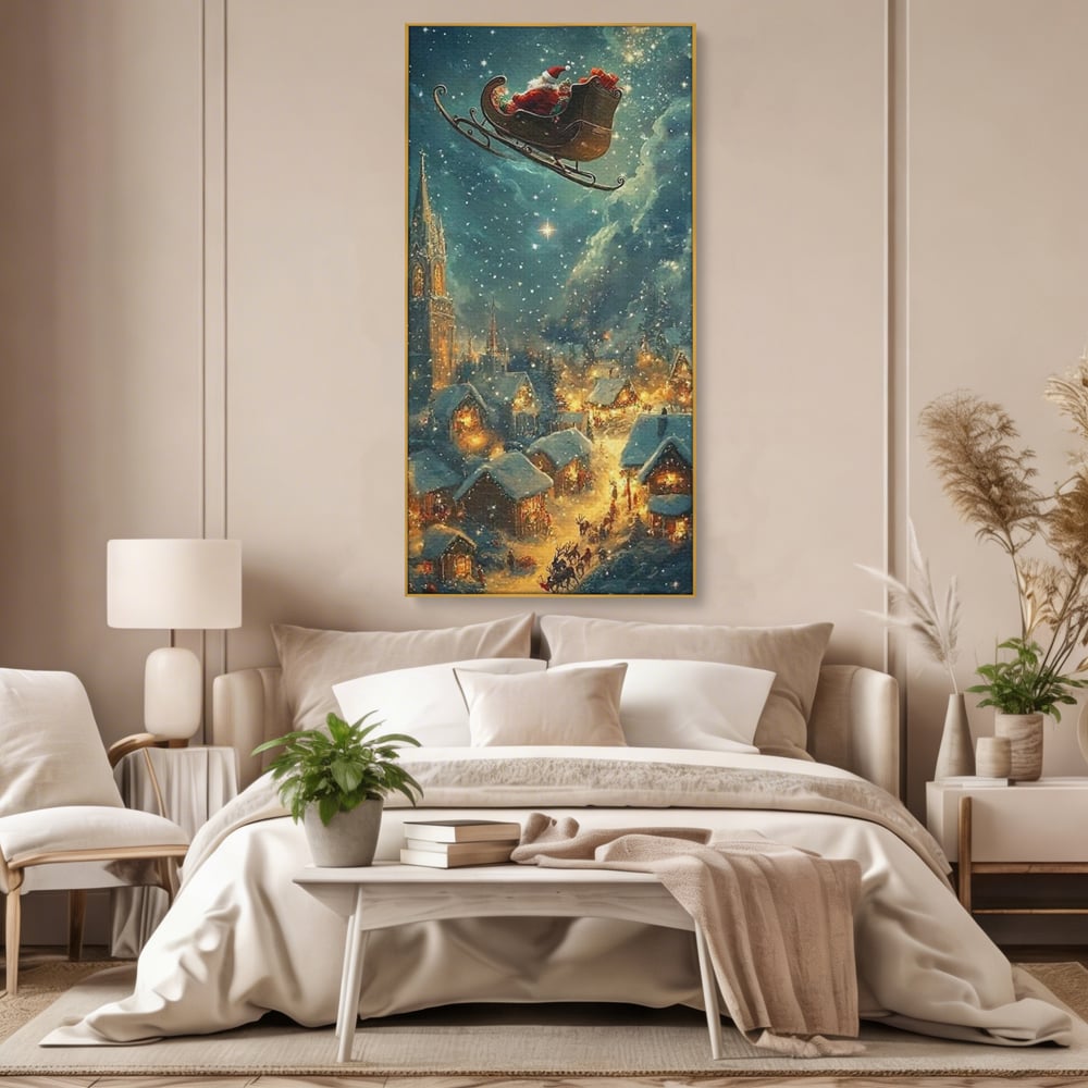 Leinwand Wandkunst Canvas Premium, LuxCanva® D1101, Heiligabend Flug, Traum, Hoffnung, Himmel, Sternenhimmel, Schlitten, Schlitten, Rentier, Geschenk, Geschenktüte, Spielzeug, Stadt, Reise, Schlaf, Morgen, Heiligabend, Wohnen, Schlafzimmer